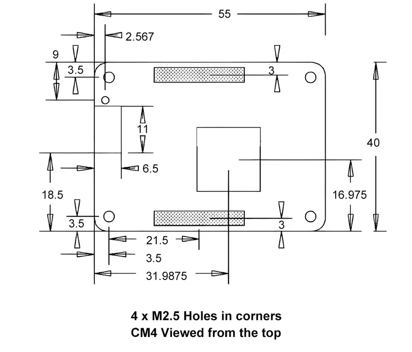 Розміри та відстані на материнській платі Raspberry Pi CM4